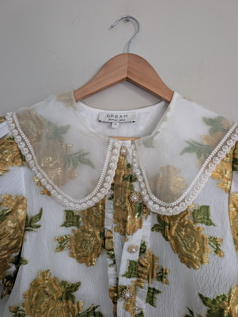Sister Jane Dream Floral Jacquard White Gold Blouse Size S - Picture 9 of 12